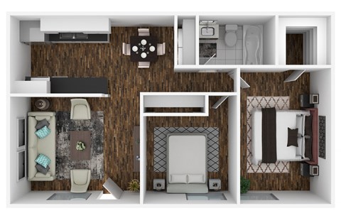 Floor plan for 2 beds, 1 bath, 847 sqft